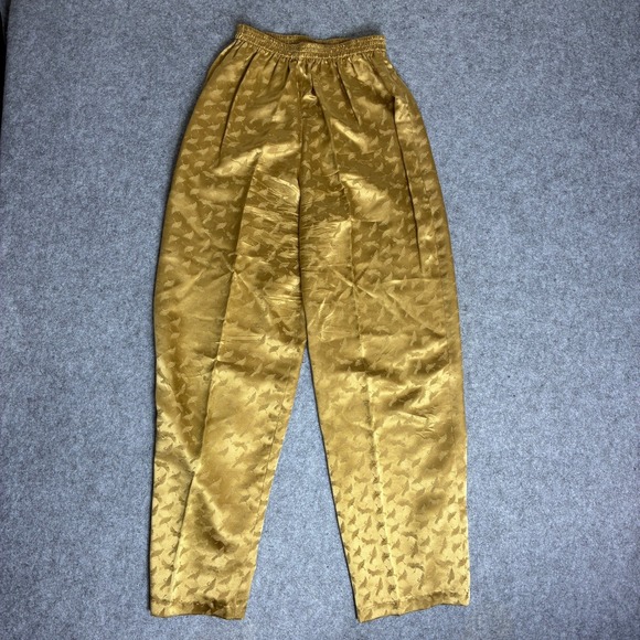 Unbranded Pants - Vintage Anne Namba Size XS Gold Satin Crane Print Pants Elastic Waist
